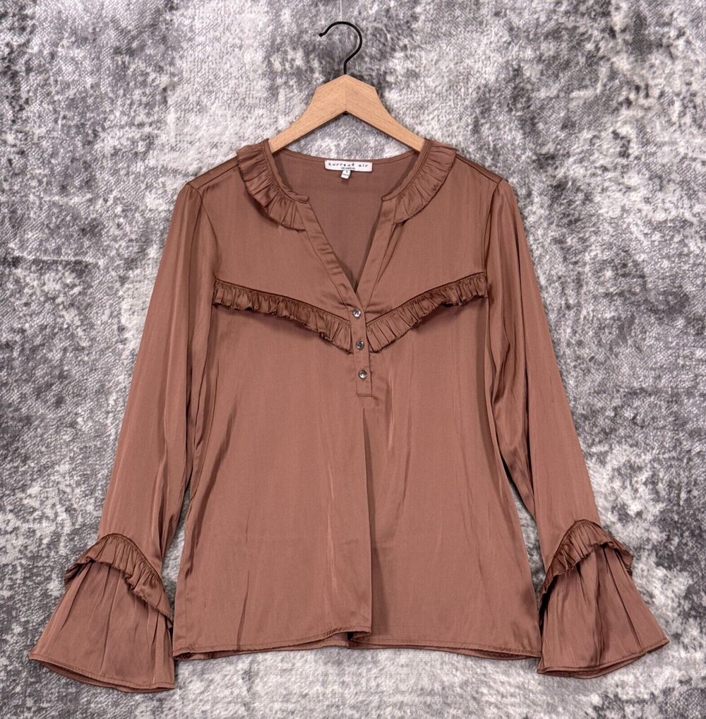 Anthropologie Top Small Womens Current Air Dusty Pink Satin Ruffle Trim Blouse